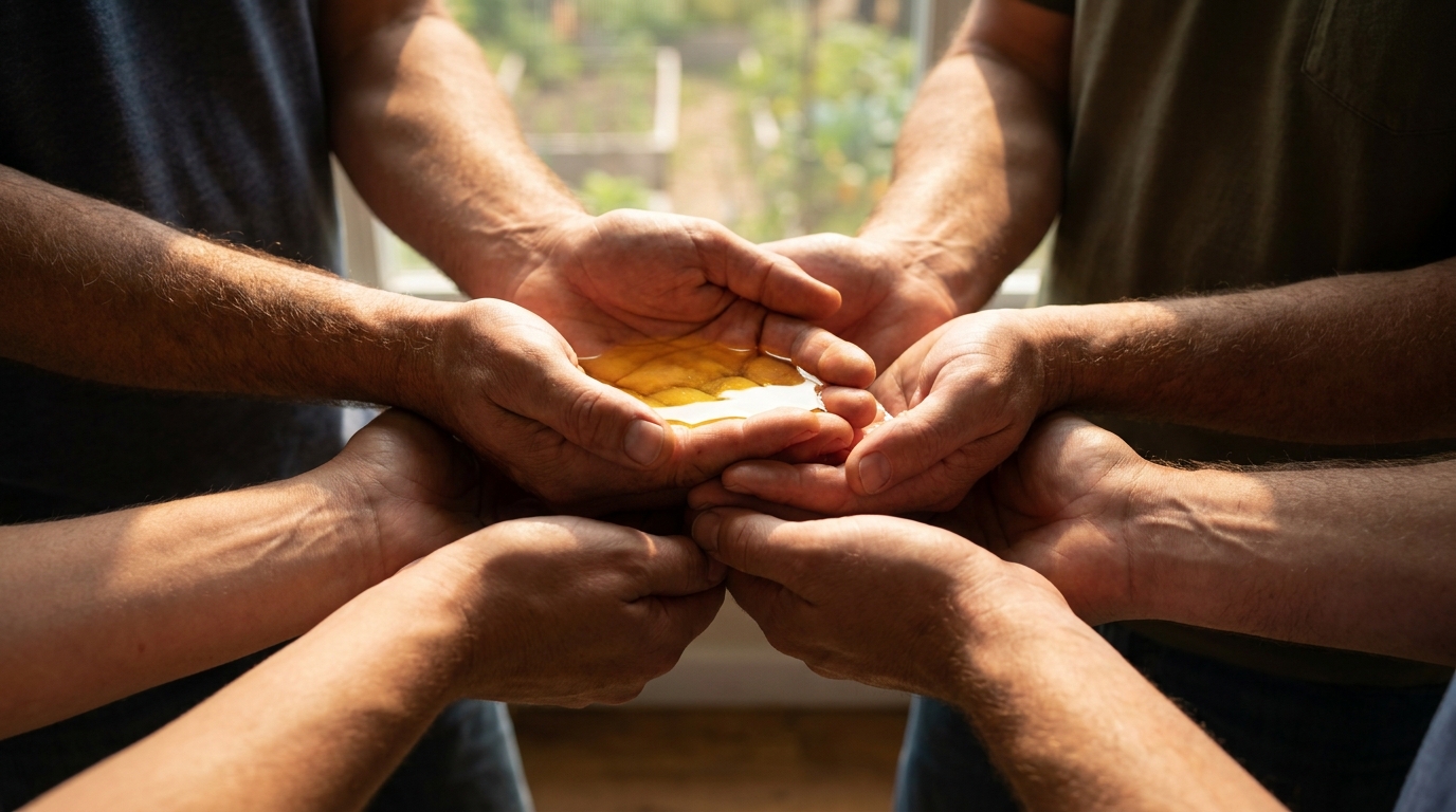 Open cupped hands holding a small pool of golden light