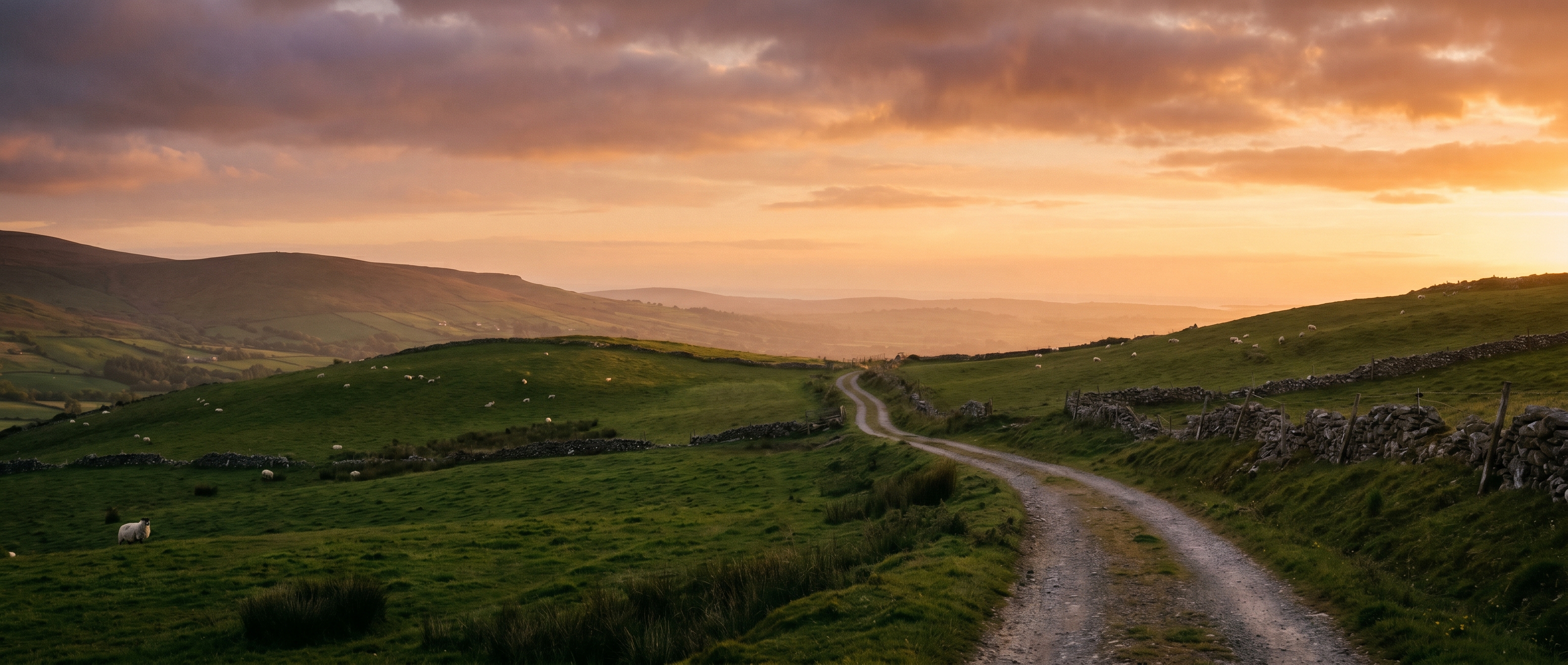 Sweeping Irish landscape at golden hour