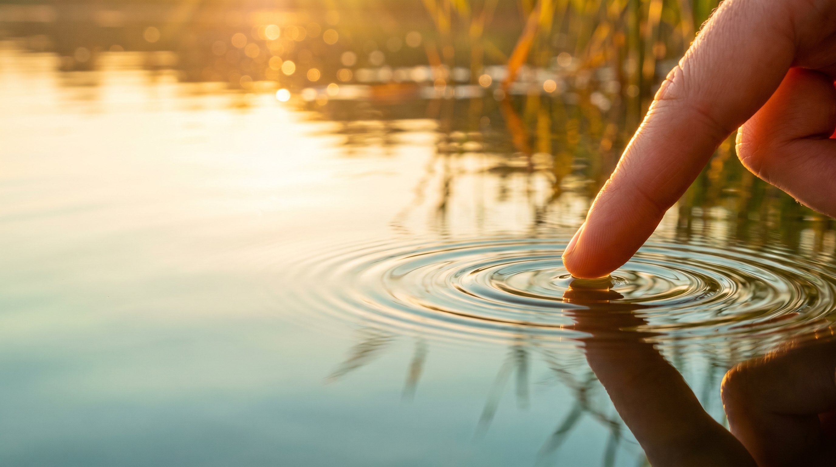 A fingertip touching still water at golden hour, sending out concentric ripples