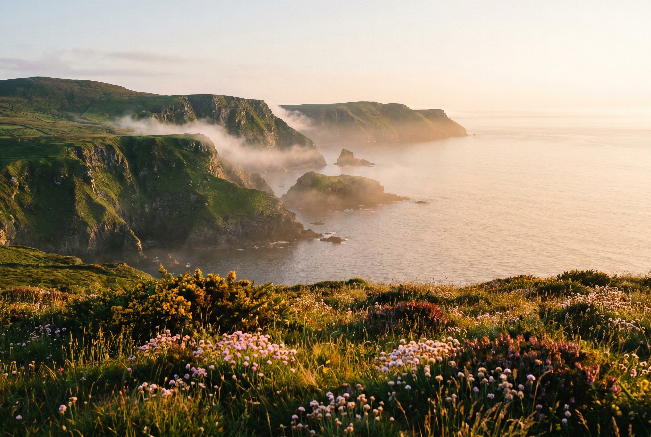 Wild Atlantic coast of Ireland at golden hour