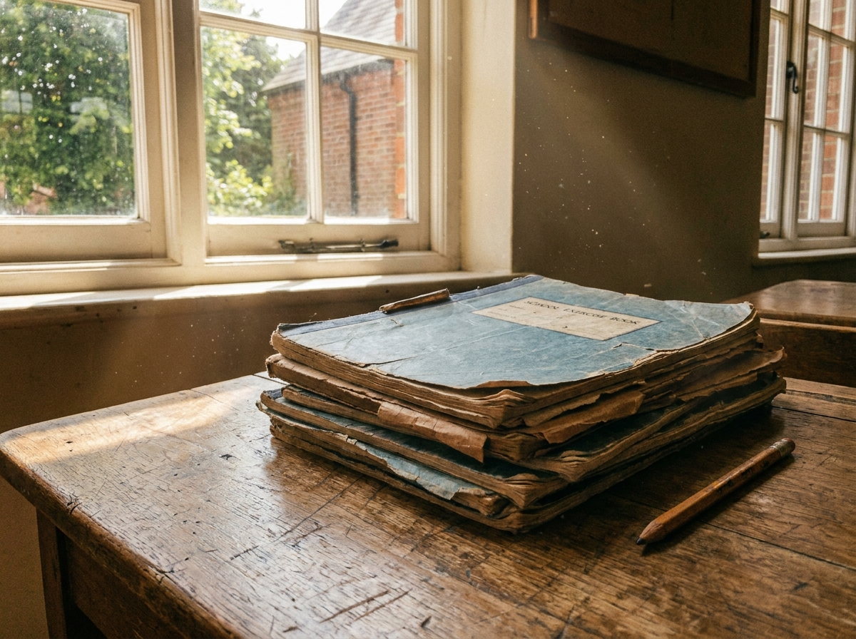 A stack of well-used school exercise books by a sunlit window