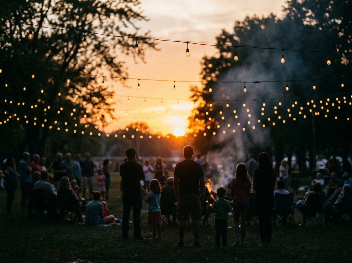 A community gathering at dusk, silhouettes against warm string lights