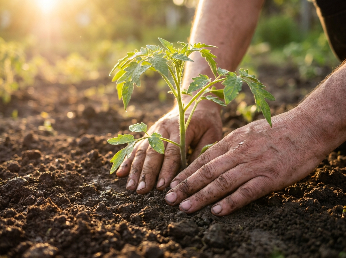 Hands planting a young seedling in soil